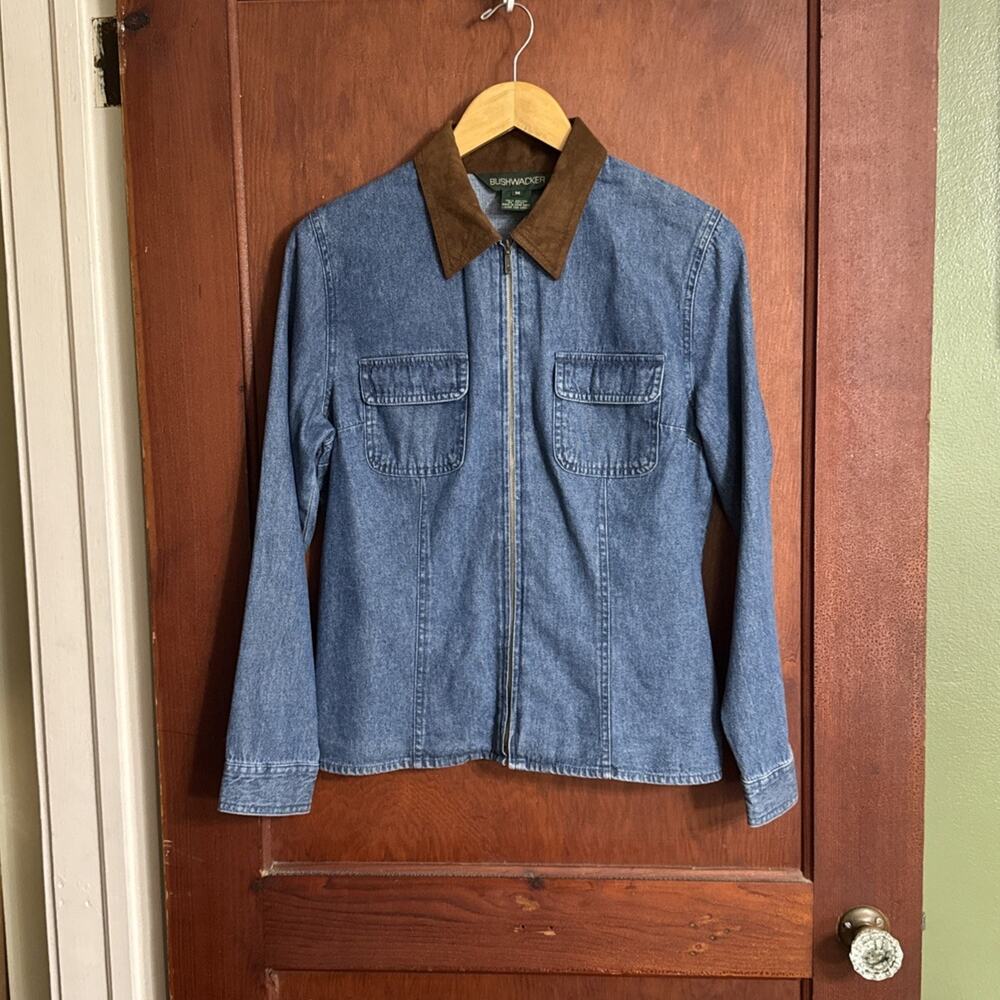Vintage 90s Bushwacker Denim Shirt Jacket Women’s M Suede Collar Zip Front